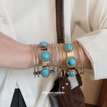 Turquoise Cabochon Multi Band Open Cuff Bracelet Set