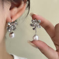 Silver Flower Pearl Look Long Curved Hook Drop Earrings view 6