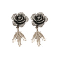 Black Silver Rose And Crystal Leaf Dangle Stud Earrings view 5
