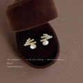 Gold-Tone Triple Bar Pearl Drop Stud Earrings Clear Stones view 3