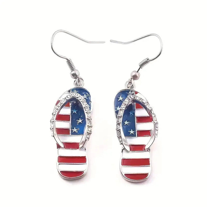 Silver Tone American Flag Flip Flop Drop Hook Earrings