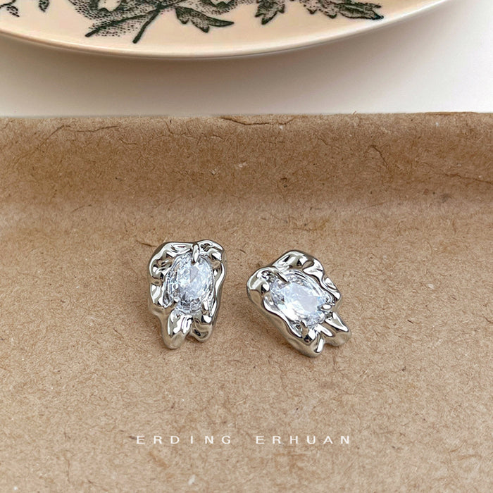 Silver Irregular Molten Frame Oval CZ Stud Clip Earrings