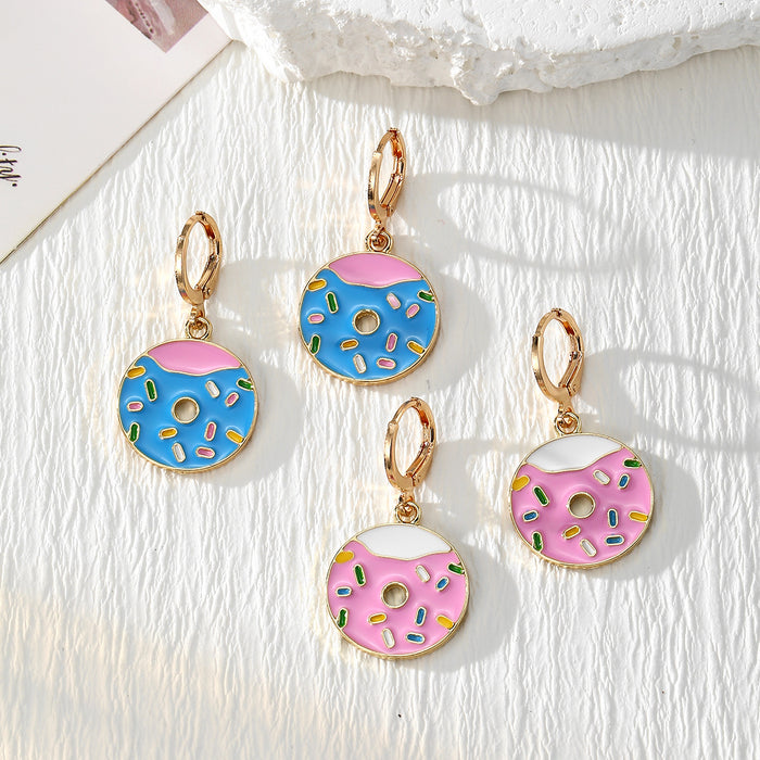 Donut Charm Huggie Earrings Pink Blue Enamel 2 Styles