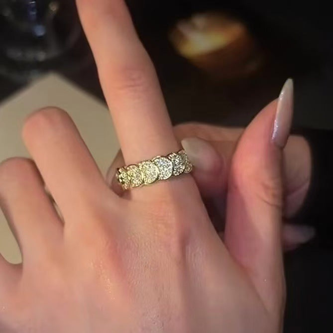 Gold Open Adjustable Coin Linked Pave Crystal Band Ring