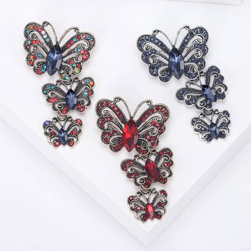 Three Linked Butterfly Brooch in Blue Red or Multicolor Crystal