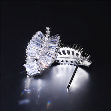 Silver Leaf Baguette Clear Stone Stud Earrings Alloy