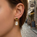 White Shell Geometric Drop Earrings in Gold and Silver Tone view 4