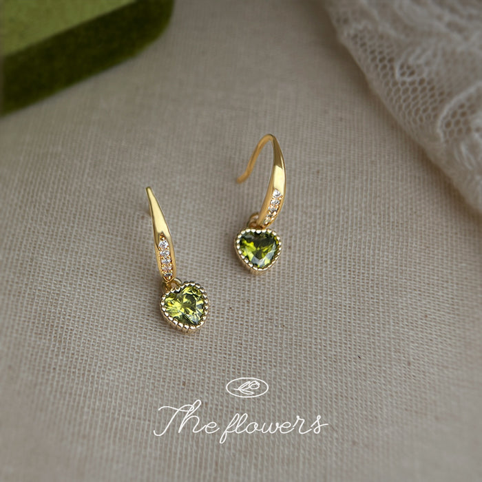 Gold Tone Clear Stone Bar And Lime Heart Drop Earrings For Women
