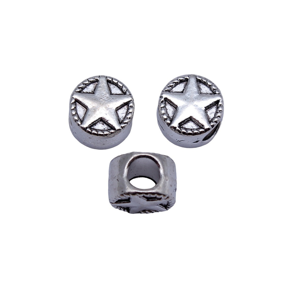 10x10x7mm 1.9g Antique Silver Zinc Alloy Five Point Star Round Large Hole Spacer Double Sided Beads for Bracelet Making