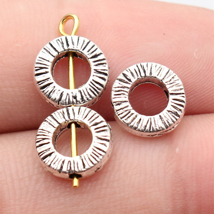 Radiating Texture Ring Metal Beads in Antique Silver Tone