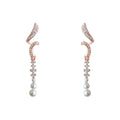 Rose Gold Tone Clear Stone Curved Ribbon And Pearl Long Earrings view 5