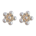 Gold Tone Pearl Flower Stud Earrings Clear Crystal Accents view 5