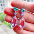 Silver Tone Pink Green Long Drop Earrings Halo Stations view 3