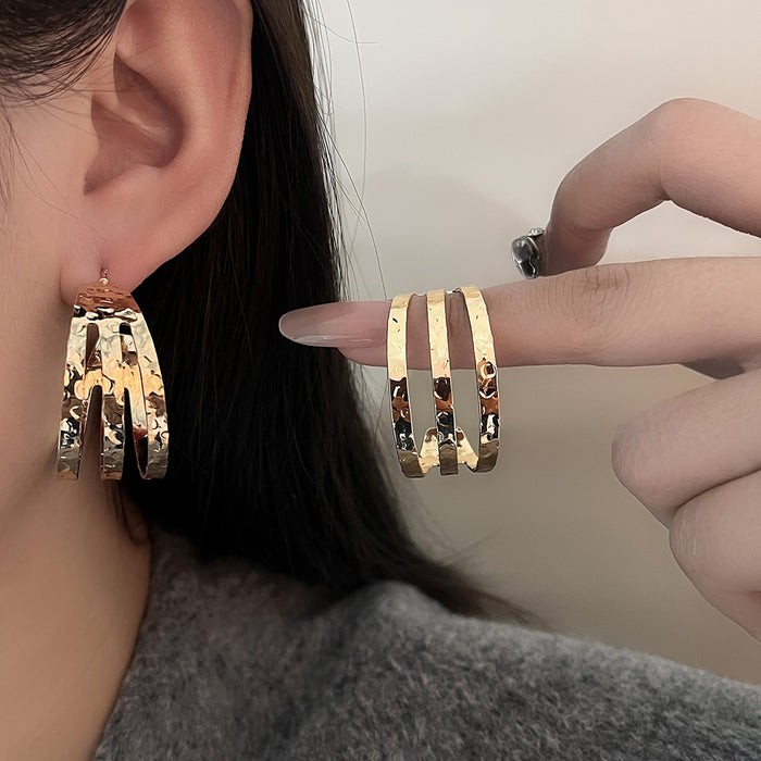 Hammered Triple Band Gold and Silver Open C Hoop Earrings