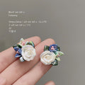 White Ceramic Rose Blue Green Leaf Floral Stud Earrings view 1
