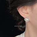 Silver Textured Camellia Flower Pearl Stud Earrings view 2