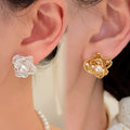 Crystal Flower and Pearl Earrings in Gold and Silver Tone view 2