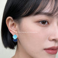 Gold-Rim Aqua Navy Stacked Marbled Square Stud Earrings view 2
