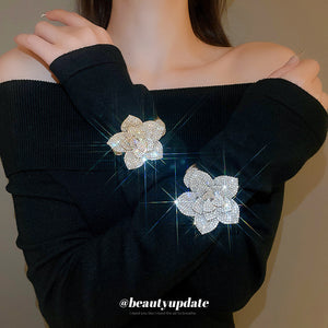Large Clear Crystal Flower Hinged Bracelet In Silver Or Gold Tone