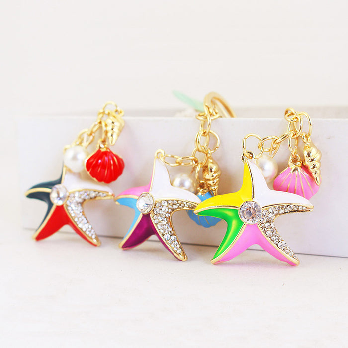 Colorful Rhinestone Starfish Keychain With Shell And Pearl-Like Bead