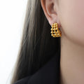 Hollow Ball Lattice C-Shaped Stud Earrings Gold Steel view 7