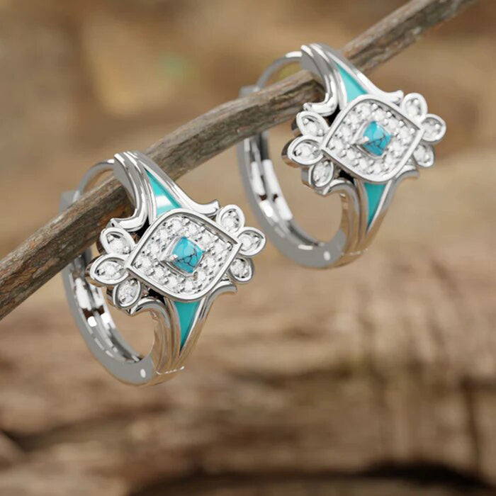 Silver Tone Marquise Turquoise Enamel Geometric Hoops
