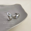Silver Thick C Curve Hoop Earrings Heart Clear Stone view 3
