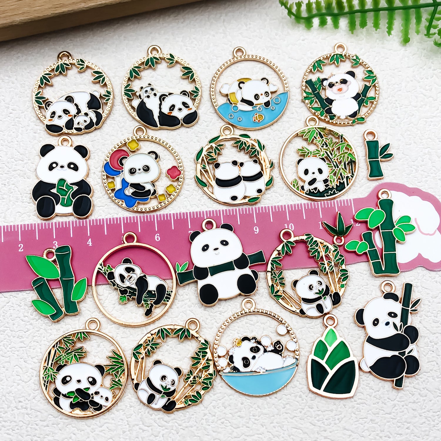 Enamel Zinc Alloy Panda Bamboo Round Bear Cat Charm Pendant for DIY Necklace Bracelet Keychain
