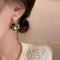 Black and White Camellia Crystal Drop Statement Earrings view 1
