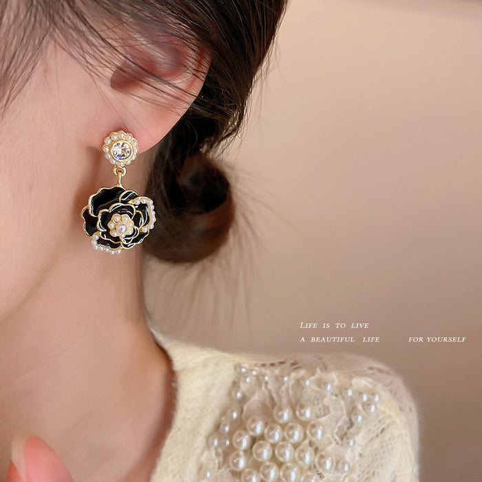 Black and White Camellia Crystal Drop Statement Earrings