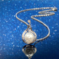 Pearl-Like Round Bud Frame Pendant Necklace In Polished Silver Tone view 3