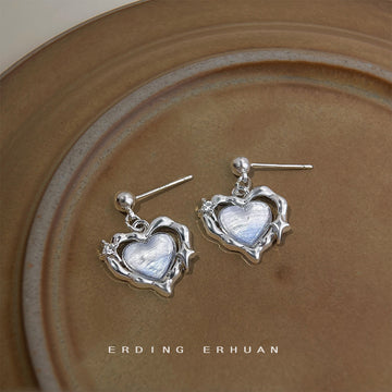 Silver Heart Drop Earrings Pearlescent Core Star Accents