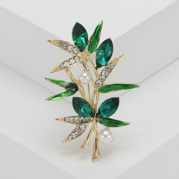 Green Bamboo Crystal Brooch with Gold Tone Stems for Jackets and Scarves
