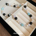 Blue Black Cream Pearl Glass Bead Colorblock Necklace view 4