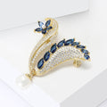 Blue Crystal Floral Plume Brooch With Pearl Drop and Gold Tone Arcs view 3