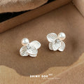 Silver White Pearl Petal Flower Stud Earrings Pair view 4
