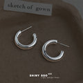 Silver Tone Thick Smooth Hollow Hoop Stud Earrings Pair view 1