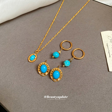 Gold Turquoise Oval Studs Bead Drop Huggie Earrings