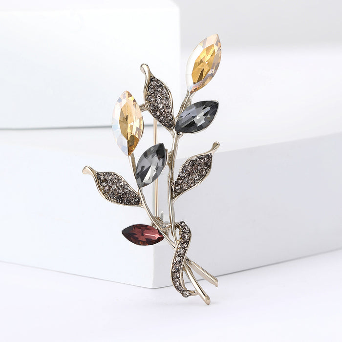 Multicolor Crystal Leaf Branch Brooch in Multicolor