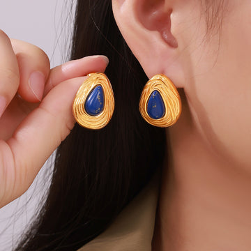 Textured Teardrop Stud Earrings with Blue Lazuli Inlay