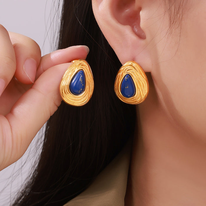 Textured Teardrop Stud Earrings with Blue Lazuli Inlay