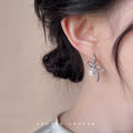 Silver Metal Ribbon Bow White Pearl Drop Earrings Pair view 2