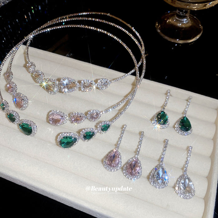 Teardrop Crystal Open Collar Necklace Earring Sets Silver
