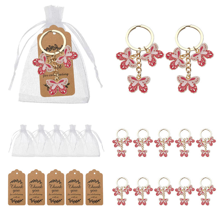 Gold Tone Pink Enamel Triple Butterfly Keychain Charm