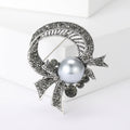 Silver Tone Rhinestone Bow Brooch Grey Pearl Ribbon Pin view 1