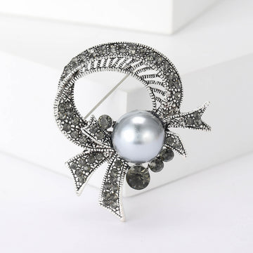 Silver Tone Rhinestone Bow Brooch Grey Pearl Ribbon Pin