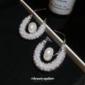 Silver Mesh Hoop Earrings with Pearl Centers with Polished Metal Details view 4