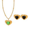 Gold Heart Green Cat Eye Black Glass Pendant Necklace Stud Earrings view 5