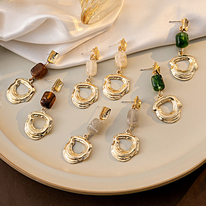 Gold Irregular Open Circle Drop Earrings Gray Stone Bead Accent