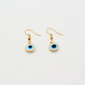 Gold Tone White and Blue Evil Eye Drop Earrings with Hooks view 5